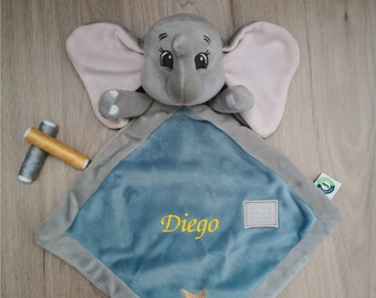Doudou Dumbo l'éléphant bleu gris à personnaliser avec prénom 25 cm