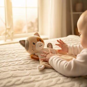 Könnte beinhalten: Ein kuscheliges, katzenförmiges Baby-Kuscheltuch in Beige, Braun und Weiß. Das Kuscheltuch hat ein Katzengesicht mit gestickten Details und einen Pfotenabdruck auf der Decke. Das Spielzeug liegt auf einer cremefarbenen Strickdecke.