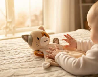May include: A plush cat-shaped baby comforter in tan, brown, and white. The comforter has a cat face with embroidered details and a paw print on the blanket. The toy is on a cream-colored knitted blanket.