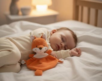 May include: A baby asleep on a white bedsheet, clutching an orange and white fox comforter. The soft toy has a smiling face and a textured body. The baby is wearing a cream-coloured onesie. A lamp and side table are in the background.