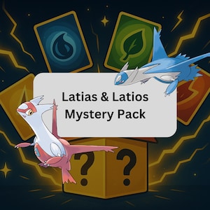 Peut inclure: Illustration de Latias et Latios avec l'inscription "Mystery Pack". L'arrière-plan comprend des éclairs et des illustrations de cartes stylisées. Une boîte dorée avec des points d'interrogation est au premier plan.
