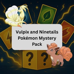 Puede incluir: Imagen promocional de un Pokémon Mystery Pack con Vulpix y Ninetales. La imagen incluye una caja dorada con signos de interrogación, cartas Pokémon y un fondo azul oscuro con rayos.