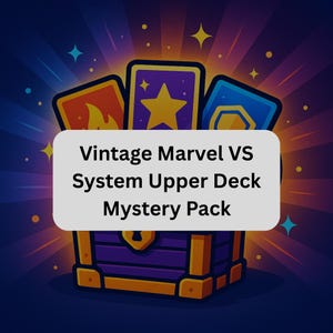 Könnte beinhalten: Eine digitale Illustration einer Schatzkiste mit drei Sammelkarten. Die Karten sind rot, lila und blau. Der Text auf dem Bild lautet "Vintage Marvel VS System Upper Deck Mystery Pack."