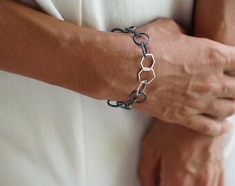 Minimalist Hexagon Bracelet 925 Silver & Oxidized Silver l Perfect Gift For Women l Stunning Silver T-Bar  Style