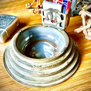 Antique Art Deco Metal Tobacco Catchall Ashtray with Pack Match Lighter Holder and Glass Insert Vintage Tobacciana