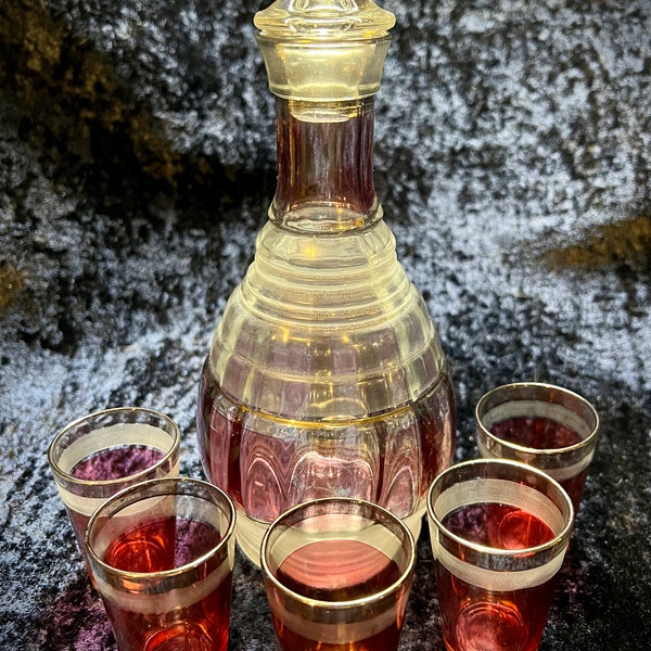 Classic Depression Hazel Atlas Glass Decanter Set con 5 vasos de chupito Red Vintage Glassware