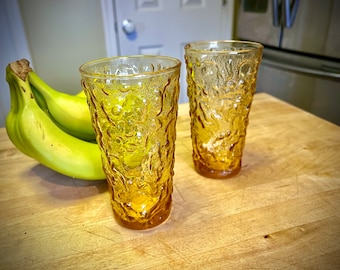 Vintage Amber Glassware Pair of Milano Bump Crackle Glass Yellow Drink Ware Cocktail Highball Tumbler Glasses Anchor Hocking