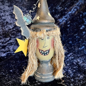 Primitive Halloween Wood Witch Figure with Metal, Wood and Glass Shape Accent Pieces