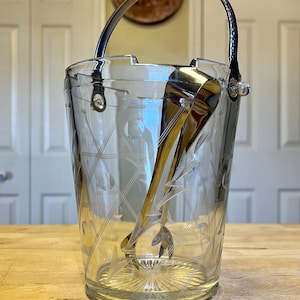 Design Center London Etched Glass Ice Bucket with Tongs Vintage Barware
