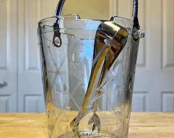 Design Center London Etched Glass Ice Bucket with Tongs Vintage Barware