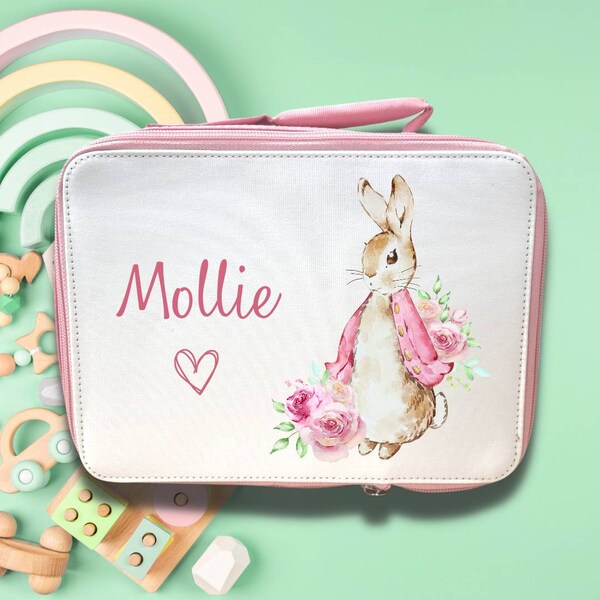 Custom Pink Rabbit Lunchbox Lunchbag Cooler with Zip - School / Work / Child / Adult - Personalise with Name