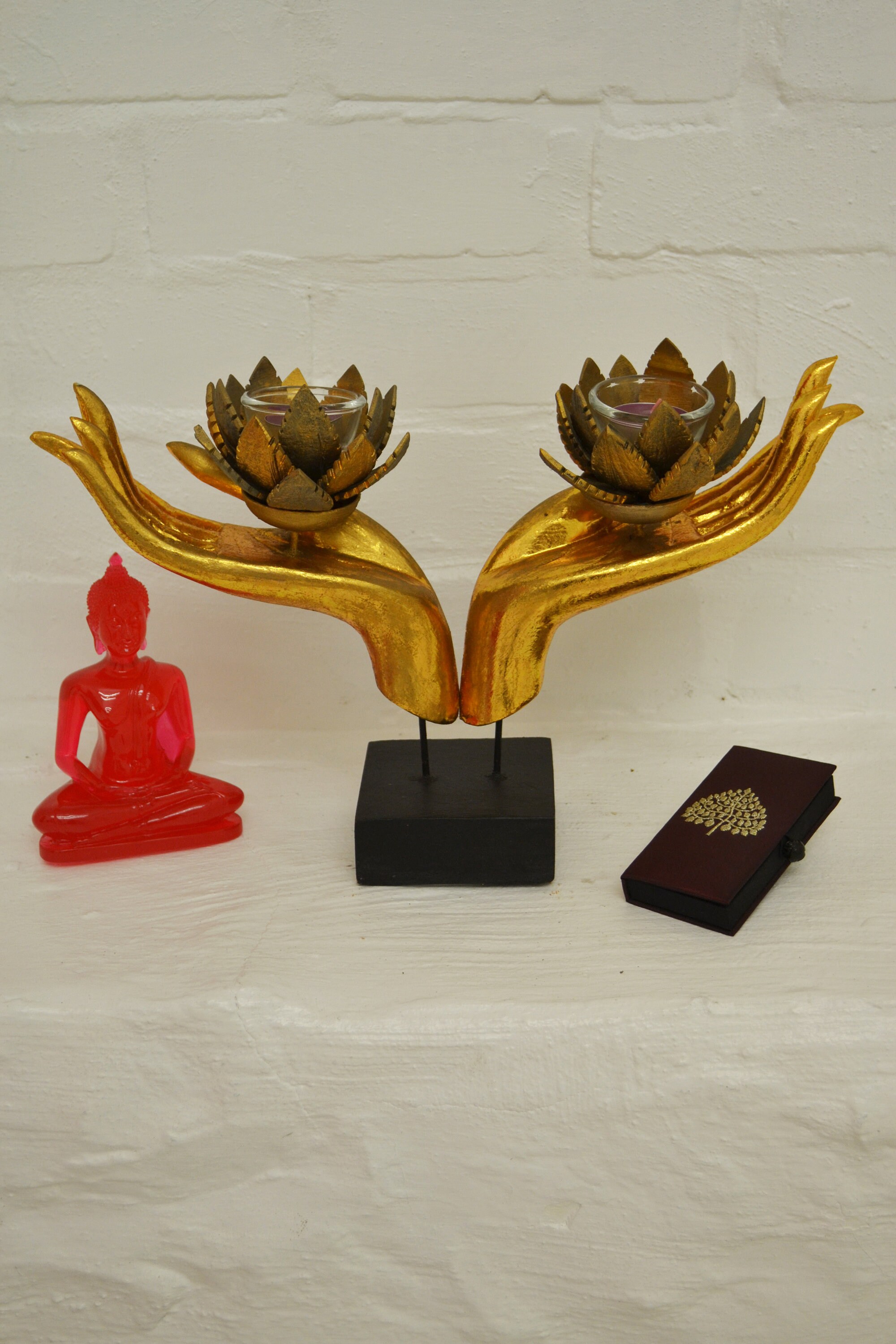 Buddha Hand Candle Holder, Lotus Flower Design Wood Tealight Holder