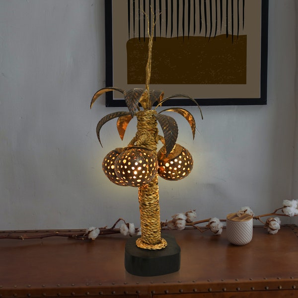 Coconut Tree Lamp, Wood Coconut Lamp, Bedside Lamp, Palm Desk Lamp, Coconut Shell Lamp, Handmade Lamp, Three Ball Palm Lamp