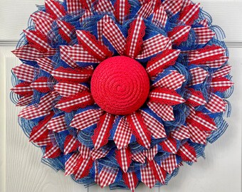 Farmhouse style flower board wreath, country blue sunflower, Mother’s Day, summer wreath, UITC flower board, red white blue, summer decor