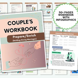 May include: A pink and green workbook with the title "Couple's Workbook: Prepare/Enrich (Building Strong Marriages)". The cover features two hands holding a red string with hearts. The workbook is designed to help couples strengthen their relationships.