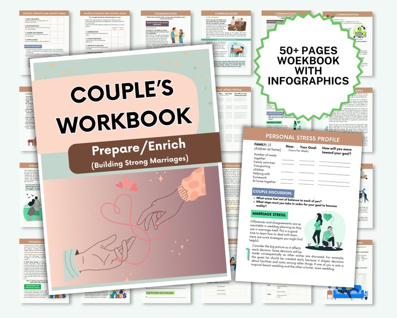 May include: A pink and green workbook with the title "Couple's Workbook: Prepare/Enrich (Building Strong Marriages)". The cover features two hands holding a red string with hearts. The workbook is designed to help couples strengthen their relationships.