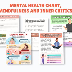May include: A collection of colorful mental health charts and guides. The text includes "Mental Health Chart, Mindfulness and Inner Critics", "Which Critics Do You Have?", "Five Easy Way to Facilitate Mental Health Counselling", and "6 Mindfulness Exercises You Can Try Today".