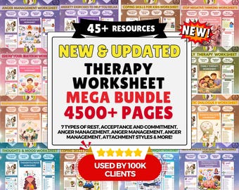 May include: A digital therapy worksheet mega bundle featuring 4500+ pages and 45+ resources. The central text reads New & Updated Therapy Worksheet Mega Bundle 4500+ Pages, with a red banner stating Used By 100K Clients and five yellow stars.