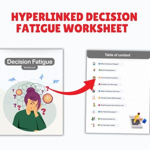 May include: A workbook titled "Decision Fatigue" with an illustration of a person surrounded by question marks and clocks. The image also shows a table of contents with topics like "Your Decision Inventory" and "Emotional Check-ins". The text "HYPERLINKED DECISION FATIGUE WORKSHEET" is at the top.