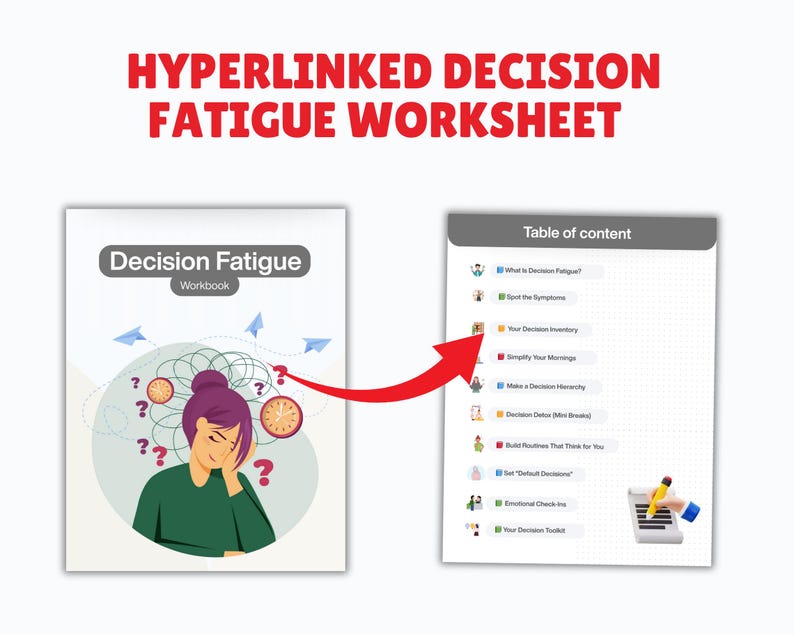 May include: A workbook titled "Decision Fatigue" with an illustration of a person surrounded by question marks and clocks. The image also shows a table of contents with topics like "Your Decision Inventory" and "Emotional Check-ins". The text "HYPERLINKED DECISION FATIGUE WORKSHEET" is at the top.