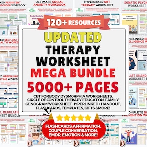 Therapy worksheet bundle, psychology resources, inner critic, boundaries, trauma, acceptance therapy, safety plan, planner, affirmations,GAD