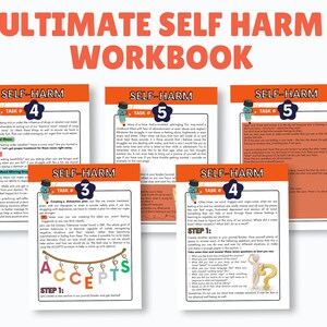 Peut inclure: Un cahier intitul&eacute; "Ultimate Self Harm Workbook" avec du texte orange et blanc. Les pages du cahier comportent les mots "Self-Harm" et "Task #" avec des t&acirc;ches num&eacute;rot&eacute;es. Les pages comprennent du texte et des graphiques.