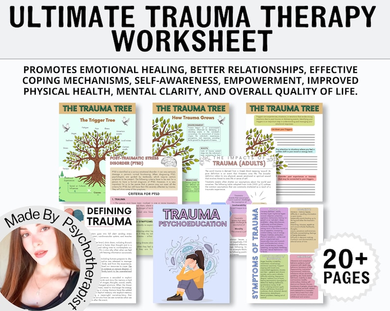 May include: A collection of printable worksheets titled "Ultimate Trauma Therapy Worksheet." The worksheets promote emotional healing, better relationships, and improved mental clarity. The image includes text and illustrations about trauma, PTSD, and coping mechanisms. The image also includes the text "20+ pages."