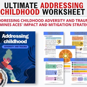 Puede incluir: Una hoja de trabajo titulada "Addressing Childhood Adversity and Trauma" con un fondo azul y una ilustración de dibujos animados de un niño. La hoja de trabajo examina el impacto de las Experiencias Adversas en la Infancia (ACEs) y las estrategias de mitigación.