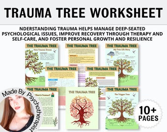 Paquete de hojas de trabajo del árbol del trauma, hojas de trabajo sobre el trauma, hoja de trabajo de asesoramiento sobre el trastorno de estrés postraumático, síntomas y respuestas al trauma, herramienta de psicoeducación terapéutica