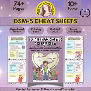 May include: A digital product titled "DSM-5 Cheat Sheets" with over 74 pages and 10+ topics. The cover features a graphic of a doctor with patients and a stethoscope. Includes a coloring book and updated content for 2026.