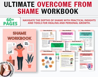 May include: A pink and white workbook titled "Shame Workbook" with the text "Ultimate Overcome From Shame Workbook" in a larger font above it. The workbook cover features a cartoon illustration of a person with their hands over their ears. The text "60+ Pages" is in a pink rectangle at the top left corner of the image. The text "Navigate the depths of shame with practical insights and tools for healing and personal growth." is in a white rectangle at the top right corner of the image. The text "Made By Psychotherapist" is in a pink circle at the bottom left corner of the image.