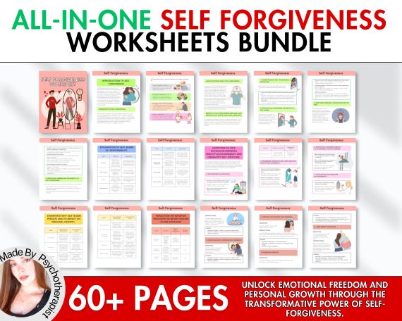 Ultimate Self Forgiveness Worksheet Package, Self Love, Self Growth, Therapy Worksheets, Self Esteem, Forgiveness Workbook, Healing, CBT