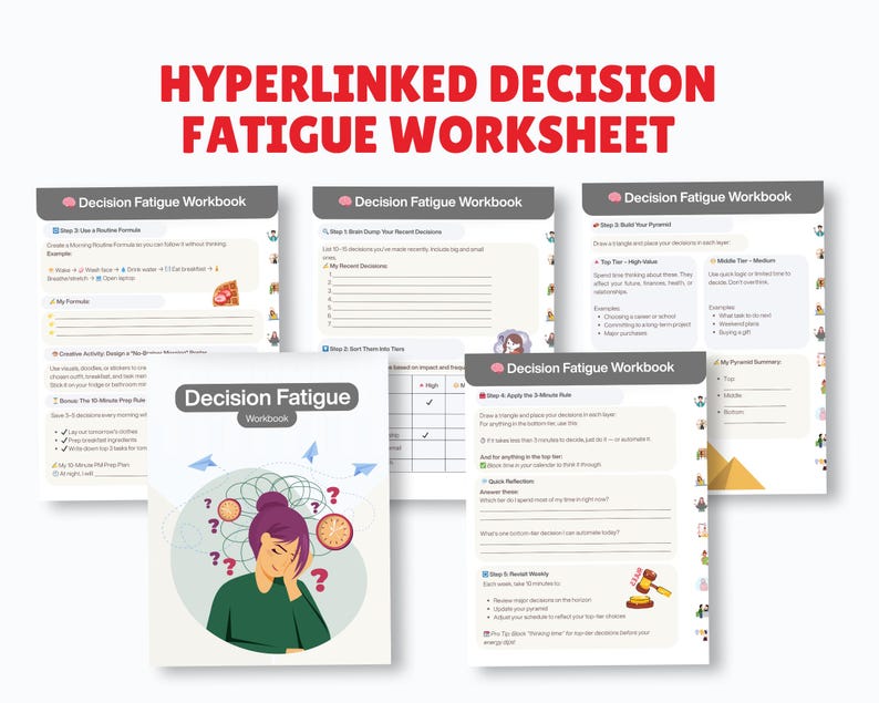 May include: A collection of Decision Fatigue Workbooks. The main workbook cover features a woman with a purple bun, surrounded by question marks and clocks. The text "HYPERLINKED DECISION FATIGUE WORKSHEET" is at the top.