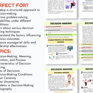 May include: A colorful infographic about decision-making, with the title "Perfect For?" and "Topics:" listed. The infographic includes a list of benefits of decision-making, such as developing a structured approach to decision-making, improving problem-solving capabilities, and enhancing managerial skills. The infographic also includes a list of topics related to decision-making, such as meaning, definition, and process.