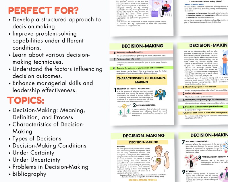 May include: A colorful infographic about decision-making, with the title "Perfect For?" and "Topics:" listed. The infographic includes a list of benefits of decision-making, such as developing a structured approach to decision-making, improving problem-solving capabilities, and enhancing managerial skills. The infographic also includes a list of topics related to decision-making, such as meaning, definition, and process.
