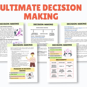May include: A colorful infographic titled "Ultimate Decision Making" with text about decision-making, decision-making resources, and decision-making problems. The infographic includes a bibliography with book titles, authors, and publishers.