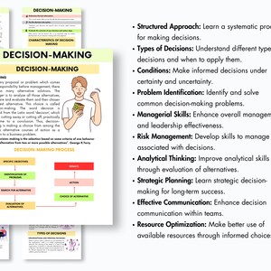 May include: A colorful infographic titled "Decision-Making" with a cartoon illustration of a person holding a Rubik's cube. The infographic outlines the meaning, process, and types of decisions, as well as the skills needed for effective decision-making.