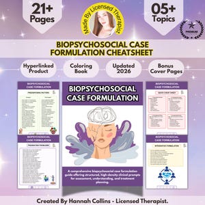 May include: A purple and white informational graphic with the text "BIOPSYCHOSOCIAL CASE FORMULATION CHEATSHEET." It includes sections on Predisposing Factors, Presenting Problems, and Integrative Formulation. The graphic is created by a licensed therapist.