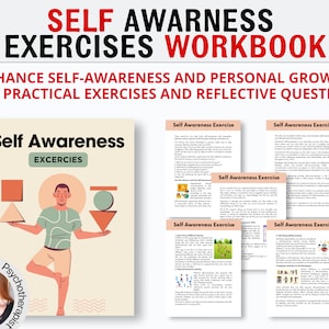 Puede incluir: Un cuaderno de trabajo titulado "SELF AWARENESS EXERCISES WORKBOOK" con el texto "ENHANCE SELF-AWARENESS AND PERSONAL GROWTH WITH PRACTICAL EXERCISES AND REFLECTIVE QUESTIONS." La portada presenta a una persona equilibrando formas geométricas. También son visibles varias páginas de ejercicios.