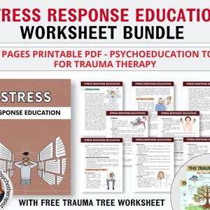 May include: A printable PDF worksheet bundle for trauma therapy. The cover features a cartoon illustration of a person experiencing stress. The title is "Stress Response Education" and the subtitle is "50+ Pages Printable PDF - Psychoeducation Tool for Trauma Therapy". The bundle includes a free trauma tree worksheet.