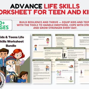 Kids Teen Life Skills Worksheet Bundle, Therapy Worksheets, Calming Corner, Coping Skills, DBT Worries, Life Skills,Life Skills for Kids