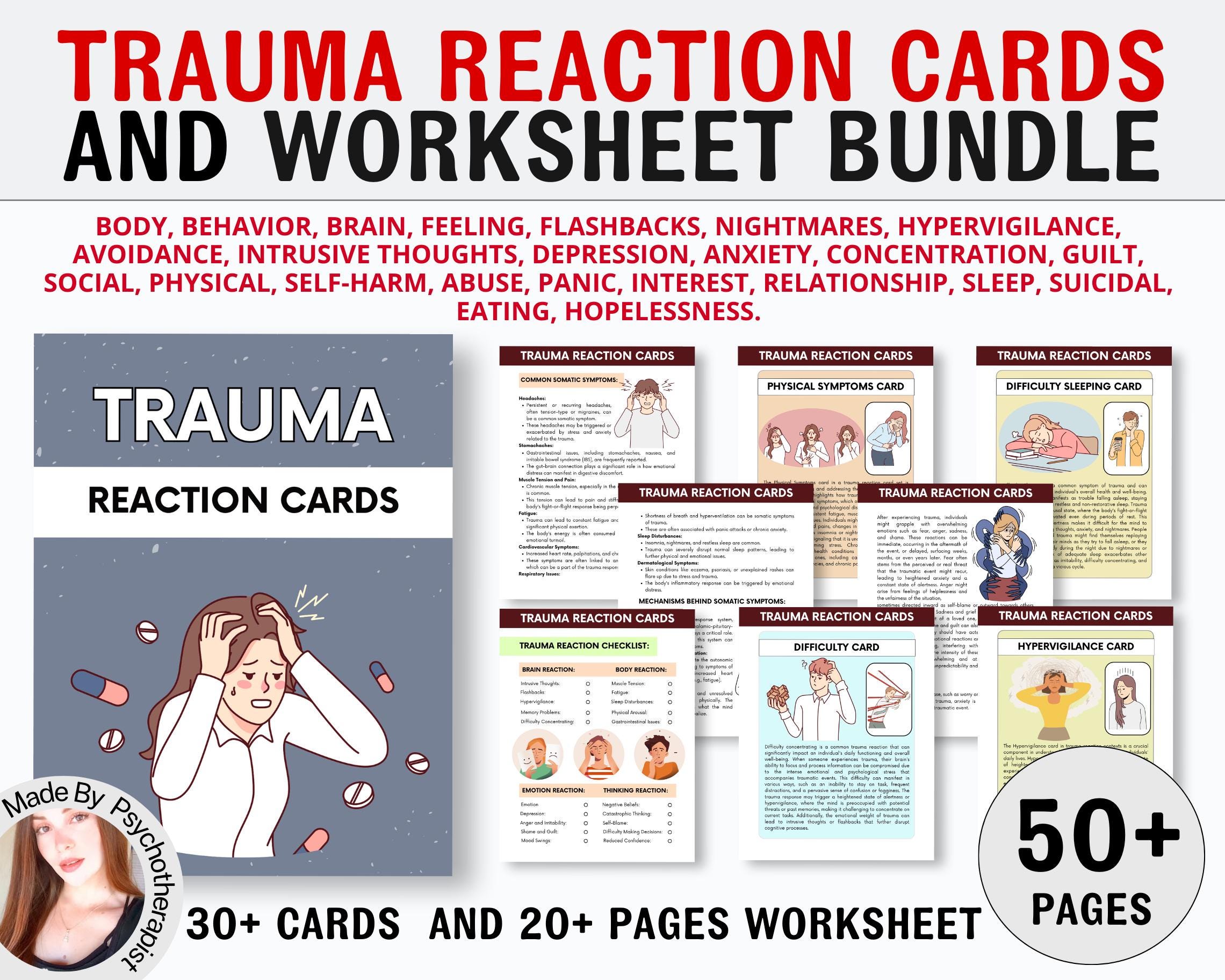 Trauma Therapy Worksheet Bundle, Trauma Reactions Cards, Trauma ...