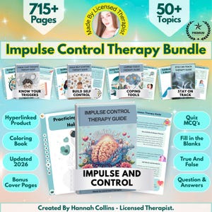 Pode incluir: Um pacote de terapia de controle de impulsos com mais de 715 páginas e mais de 50 tópicos. A capa apresenta uma ilustração do cérebro e as palavras "Impulso e Controle". Inclui um livro de colorir, questionários e guias de terapia.