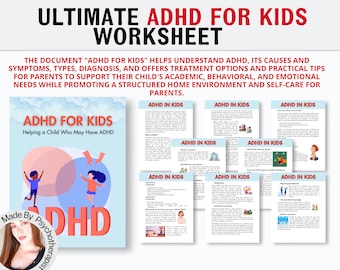 Może przedstawiać: Niebieska i różowa karta pracy zatytułowana "Ultimate ADHD for Kids" z tekstem "ADHD for Kids" i kreskówkową ilustracją dwojga dzieci. Karta pracy jest podzielona na sekcje z tytułami takimi jak "ADHD in Kids" i "Helping a Child Who May Have ADHD".