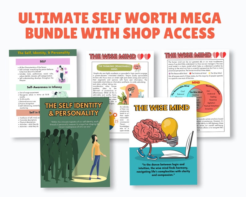 May include: A digital download bundle of self-worth resources. The cover features a cartoon illustration of a person holding a light bulb. The text on the cover reads "The Wise Mind: Is the dance between logic and intuition, the wise mind finds harmony, navigating life's complexities with clarity and compassion."