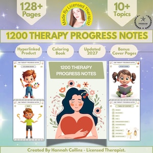 May include: A digital therapy progress notes collection featuring 1200 pages across 10 topics. The cover displays a woman holding a red heart surrounded by flowers. Includes sections for a colouring book, study guide, quiz, and table of contents.