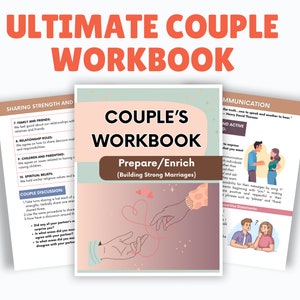 May include: A pink and green workbook titled "Couple's Workbook: Prepare/Enrich (Building Strong Marriages)" with an illustration of two hands holding a red string connected to two hearts. The workbook includes sections on sharing strength and communication.
