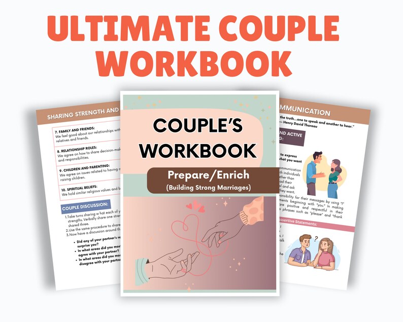May include: A pink and green workbook titled "Couple's Workbook: Prepare/Enrich (Building Strong Marriages)" with an illustration of two hands holding a red string connected to two hearts. The workbook includes sections on sharing strength and communication.