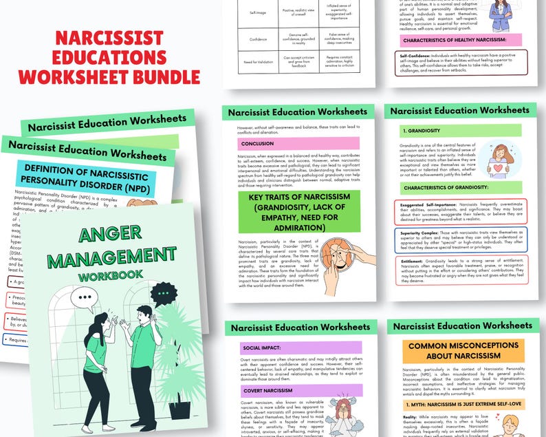 Puede incluir: Un conjunto de hojas de trabajo imprimibles para aprender sobre el narcisismo. Las hojas de trabajo cubren temas como la definici&oacute;n del trastorno de personalidad narcisista, los rasgos clave del narcisismo, los conceptos err&oacute;neos comunes sobre el narcisismo y el impacto social del narcisismo. Las hojas de trabajo son coloridas y cuentan con ilustraciones.