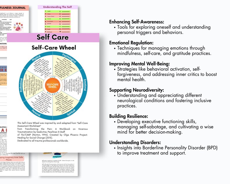 May include: A colourful wheel diagram titled "Self-Care Wheel" with categories for physical, psychological, professional, personal, spiritual, and emotional well-being. The wheel is divided into six sections, each with a list of self-care practices. The text below the wheel reads "This Self-Care Wheel was inspired by and adapted from "Self-Care Assessment Worksheet" from Transforming the Pain: A Workbook on Vicarious Traumatization by Saakvitne, Pearlman & Staff of TSI/CAAP (Norton, 1996). Created by Olga Phoenix Project: Healing for Social Change (2013). Dedicated to all trauma professionals worldwide."